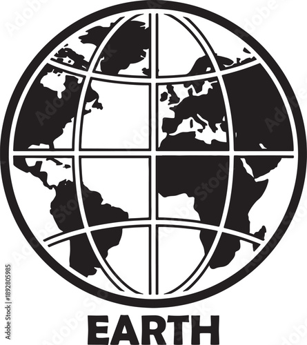 black and white globe with grid lines and continents