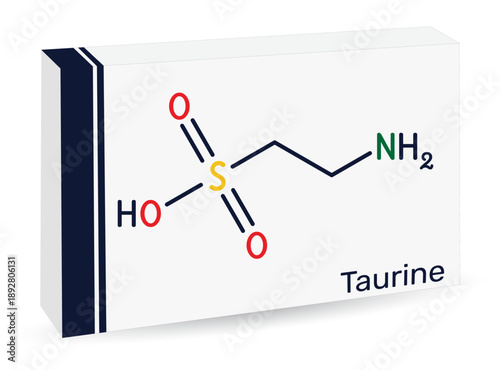 Taurine molecule, sulfur-containing amino acid. Skeletal chemical formula. Paper packaging for drugs. Vector illustration