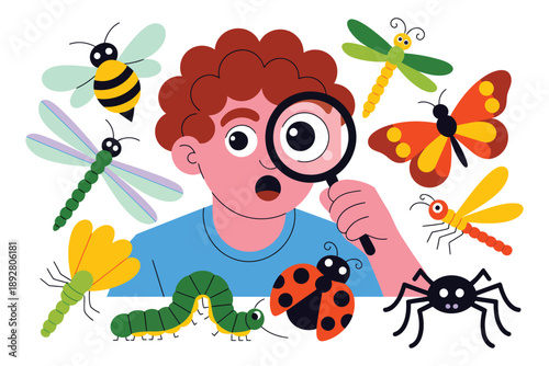 A curious boy examines insects with a magnifying glass closely