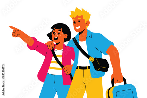 Two friends excitedly exploring a new place together on an adventure