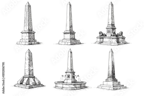 Historic Obelisks and Stone Monuments Hand-Drawn Engraving Illustration Set