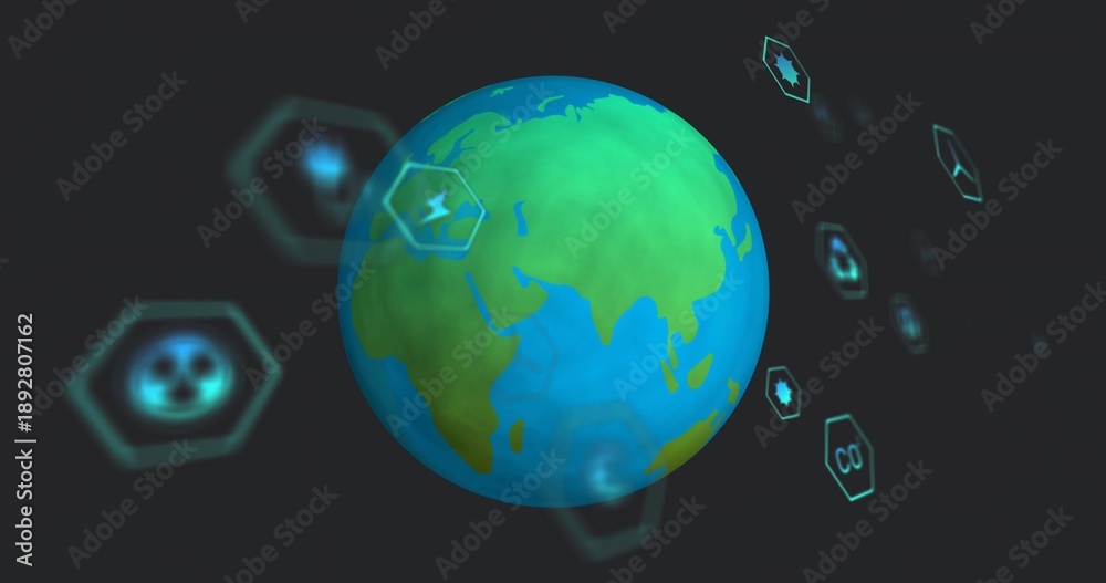 Obraz premium Displaying stylized globe rotating on dark digital dashboard, showing glowing hex icons