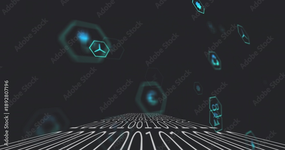 Naklejka premium Glowing pathway lined with binary 0s 1s receding toward horizon in cyberspace, with cyan holograms