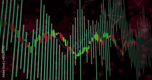 Tableau sur toile Displaying neon stock chart in dark data space with teal bars candles blue line