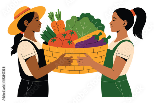 Two women holding a basket of fresh vegetables together outdoors