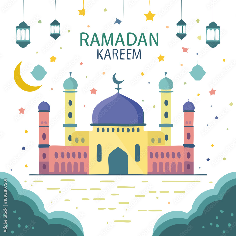 Fototapeta premium Ramadan Kareem mosque greeting card with lanterns and crescent moon.