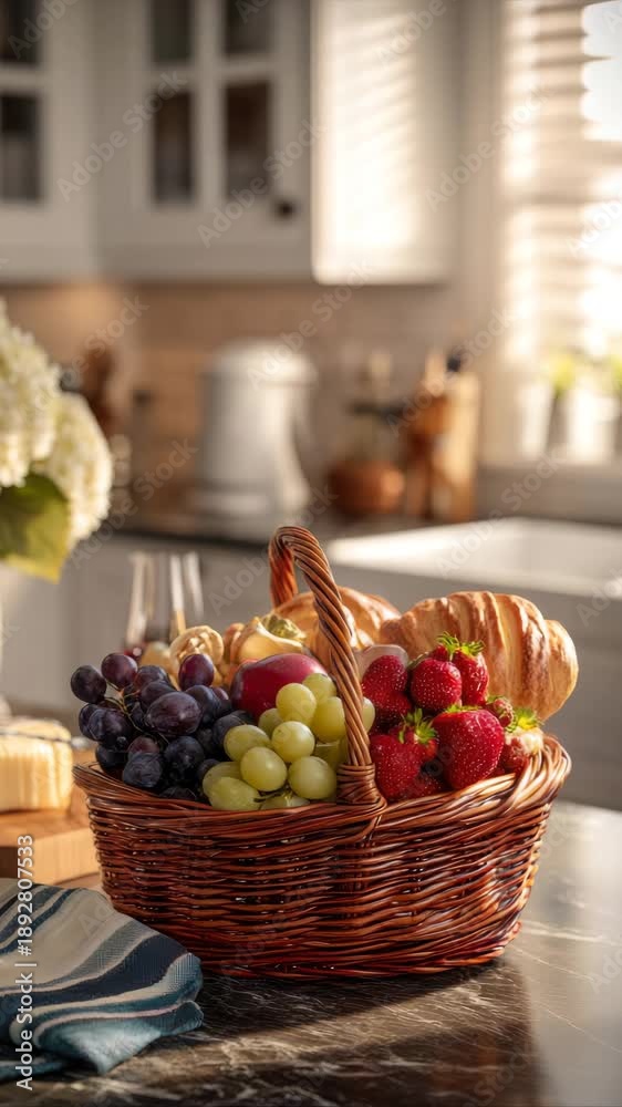custom made wallpaper toronto digitalFruit basket filled with strawberries, grapes, and bread on a kitchen countertop, showcasing a vibrant arrangement with natural light illuminating the scene