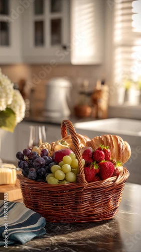 Wallpaper Mural Fruit basket filled with strawberries, grapes, and bread on a kitchen countertop, showcasing a vibrant arrangement with natural light illuminating the scene Torontodigital.ca