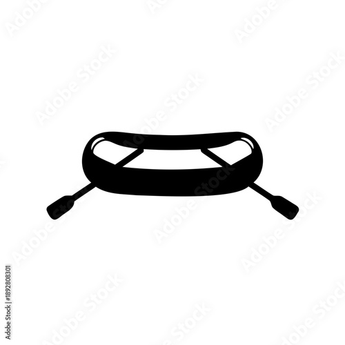 Black silhouette inflatable boat with oars, suitable for various outdoor activities