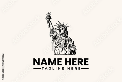 Black and white vector illustration of the Statue of Liberty with a torch and tablet, standing proudly against a clean white background, with a logo template and space for a name and