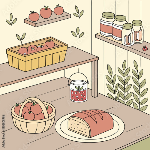 Cute Farmhouse Kitchen Illustration Pack: Jars, Fruits, and Utensils - Vector Art