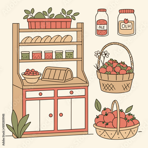 Charming Farmhouse Kitchen Illustration Pack with Jars, Fruits, and Tools - Vector Graphics