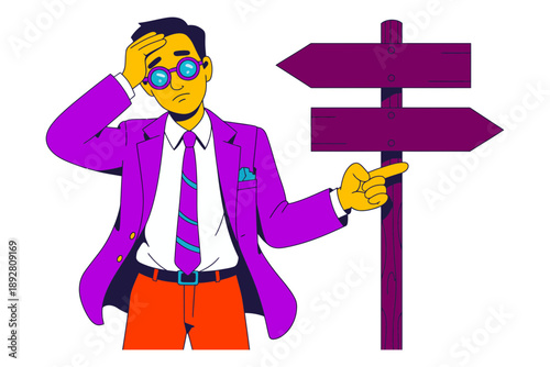 Confused man in stylish outfit hesitates at a crossroads sign, uncertain of direction.
