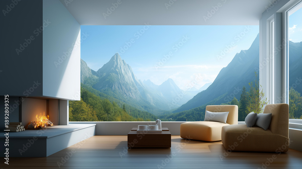 Naklejka premium Spacious minimalist living room features fireplace and comfy seating overlooking stunning mountain scenery, perfect for interior design and home decor inspiration, nature view resi