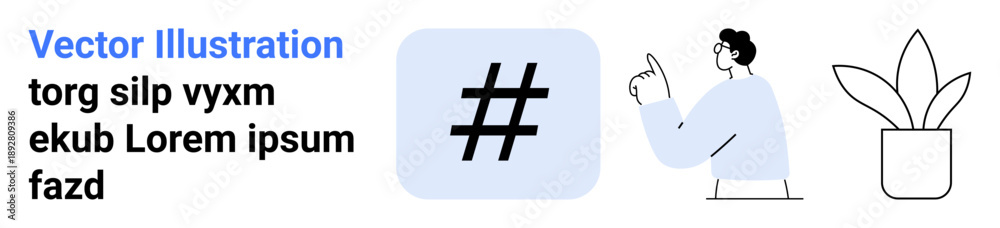 Fototapeta premium Blue metadata tag in square frame, man pointing upward, and potted plant. Ideal for branding, social media, modern art, communication, blogging, creativity simple landing page