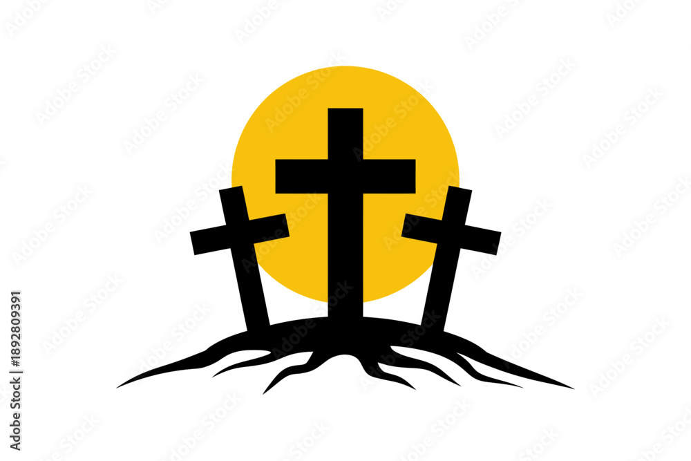 Obraz premium Three crosses on a hill against a bright sun, symbolizing faith and hope