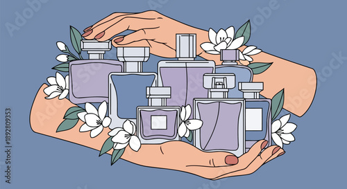 Female hands holding lavender perfume bottles with white blossoms