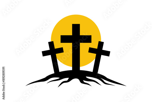 Three crosses on a hill against a bright sun, symbolizing faith and hope