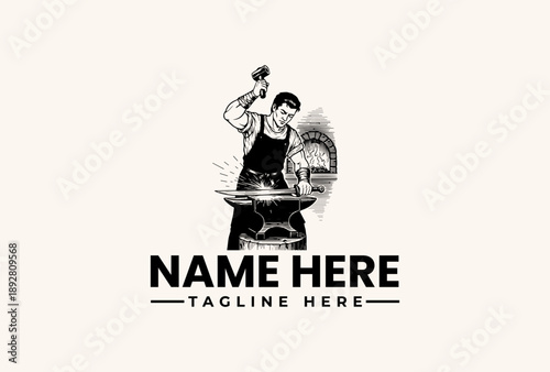 Black and white illustration of a man hammering at an anvil with a wheel in the background, surrounded by a logo and tagline space on a beige background.