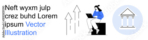 Business growth, financial services, online banking, technology, innovation, economy. Person using laptop, upward arrows bank icon. Business growth and financial services concept