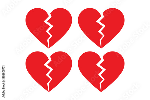 Four broken red hearts on a white background symbolizing love and heartbreak