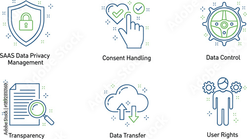 Colorful icon set illustrating SAAS data privacy, consent handling, data control, transparency, transfer, and user rights in secure digital vector style.