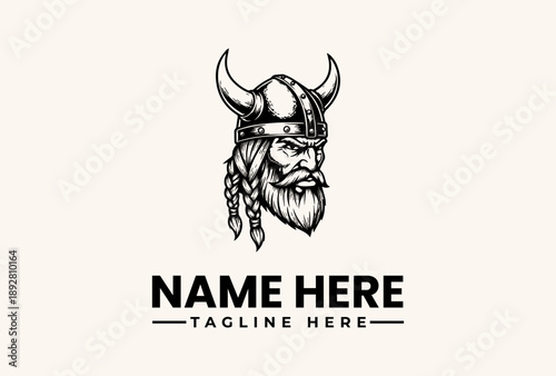 Black and white illustration of a Viking warrior's head with a horned helmet and braided beard, set against a clean white background with space for a logo and tagline.