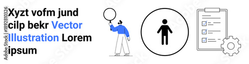 Person holding balloon, iconic human figure symbol, gear, and checklist on clipboard. Ideal for teamwork, planning, task management, productivity, goals efficiency simple landing page