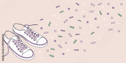 Hand drawn vector illustration of a pair of new blue canvas sneakers and casual leather sport shoes isolated on an abstract background with circles for fashion footwear style