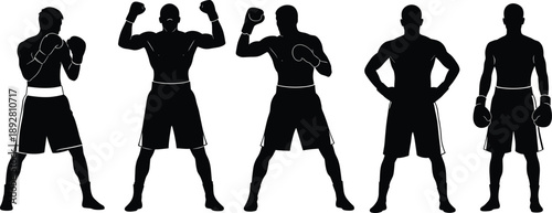 Collection of boxer silhouettes in fighting stances and poses, professional boxing sport illustration set isolated on white background