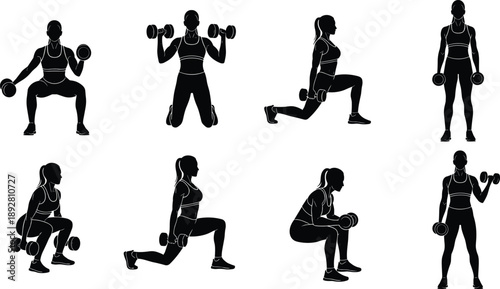Collection of female fitness silhouettes performing dumbbell exercises in multiple workout poses, strength training illustration set isolated on white background