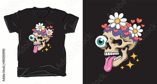 Trippy skull character with daisies hearts and bulging eye for fun apparel design