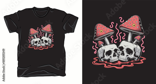 Amanita mushrooms growing from skulls t-shirt design with mystical vibe