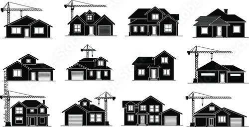 House construction silhouettes showing residential building stages with cranes isolated on white background real estate architecture vector illustration set collection