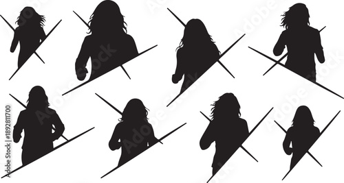 Silhouette of a woman with swords in various poses