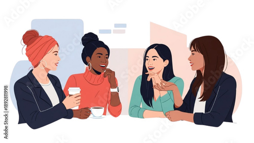 Four women engaged in conversation at a table, enjoying coffee together, front view illustration