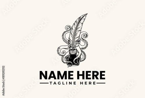 A black and white illustration of a quill pen in an inkwell with swirling designs, accompanied by placeholder text for a logo or brand name on a beige background.
