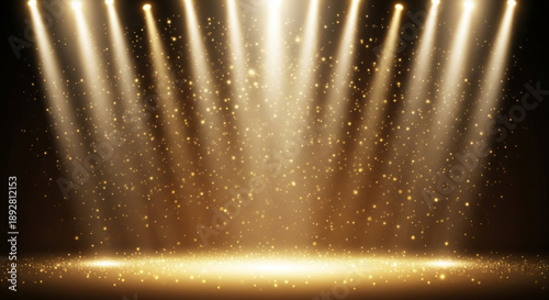 Luxury golden spotlight background with glowing light rays and sparkling particles, elegant stage illumination for awards, events, celebrations, premium presentations, and high-end creative design 