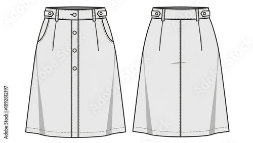 Illustration of a white skirt with belt and buttons from front and back view