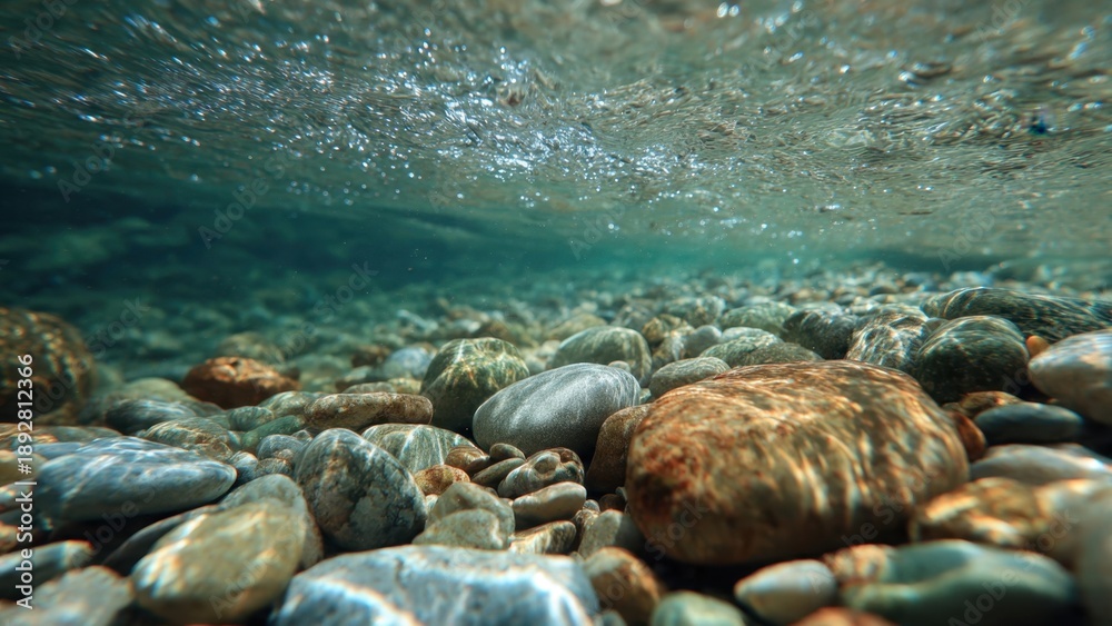 Obraz premium Underwater Riverbed with Rocks and Bubbles