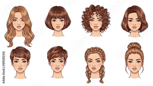 Diverse hairstyles of women and men illustrated in a grid layout on a clean white background from a front viewpoint