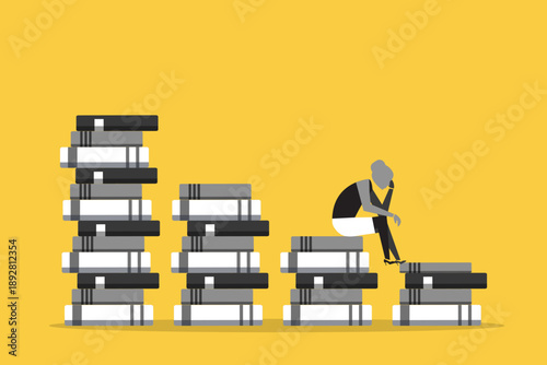 Stressed student sitting on stack of books. Concept of education