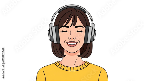 A smiling woman wearing headphones enjoys music in a relaxed environment from a front viewpoint