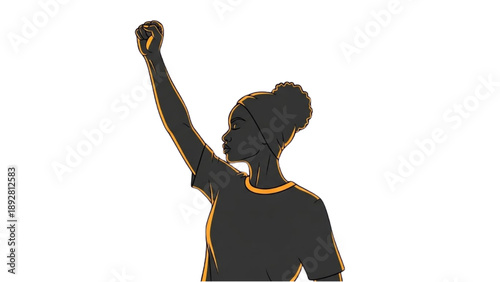 Young person raising fist in solidarity and protest from a side view