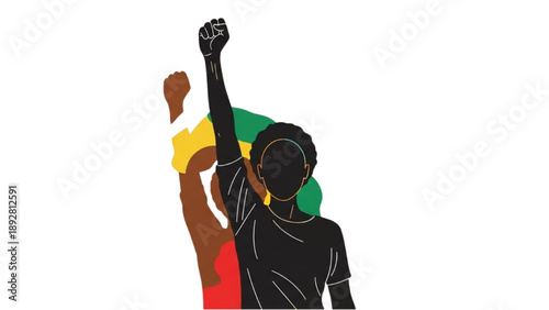 Silhouetted people raising fists in solidarity and protest from behind with colorful diversity flags, illustration from a rear viewpoint