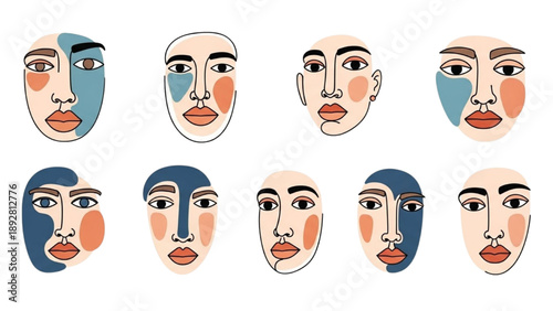Diverse facial expressions of women depicted in a modern, minimalist illustration style, viewed from the front.