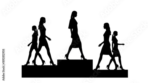 Silhouetted figures of women walking upstairs in a staircase scene from a low viewpoint