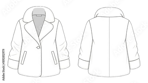 Detailed illustration of a white parka coat with hood and pockets displayed from front and back views