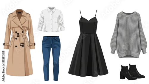 Fashionable clothing items arranged neatly for a stylish outfit presentation