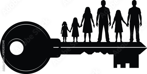 Family silhouette standing on house key symbolizing home ownership, security and future protection concept, real estate black and white illustration
